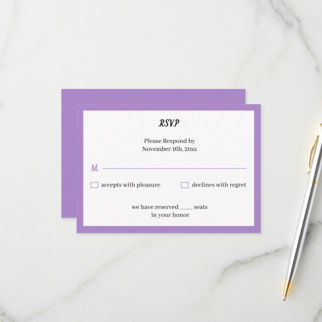 Simple Purple  Wedding RSVP Card (Front/Back In Situ)