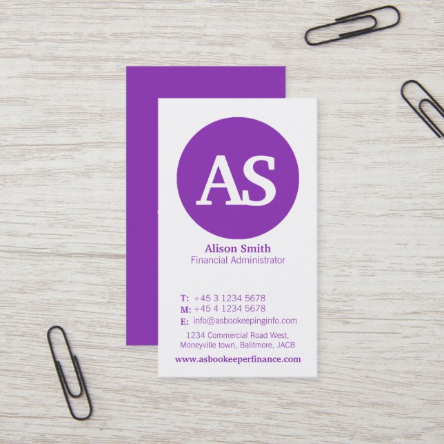 Simple purple & white circle finance business card (Front/Back In Situ)