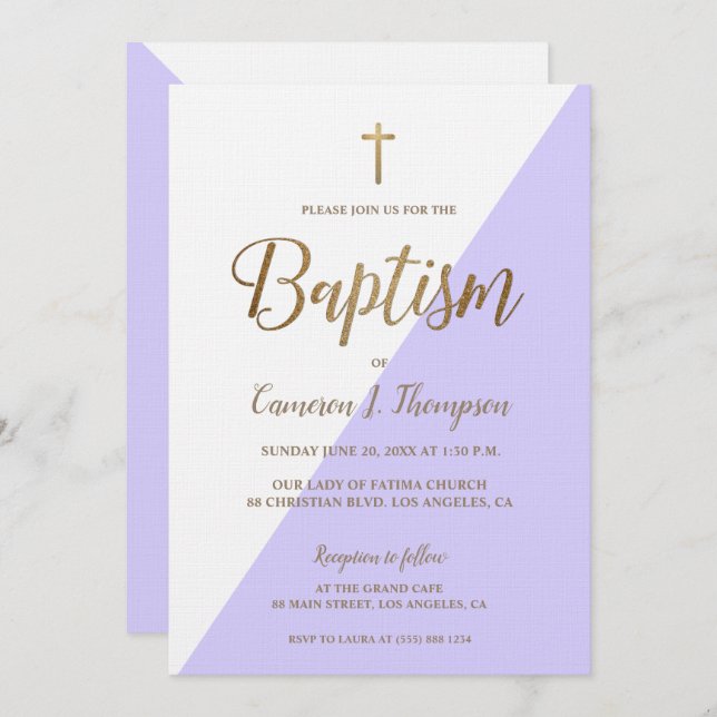 Simple Purple White Gold Modern Baptism Invitation (Front/Back)