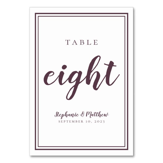 Simple Purple & White Wedding Table Number Eight (Front)