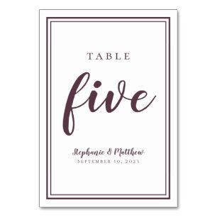 Simple Purple & White Wedding Table Number Five