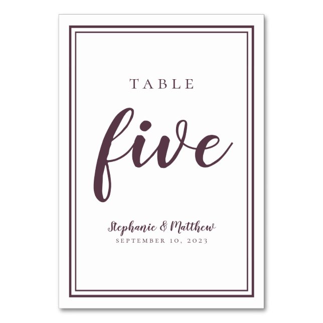 Simple Purple & White Wedding Table Number Five (Front)