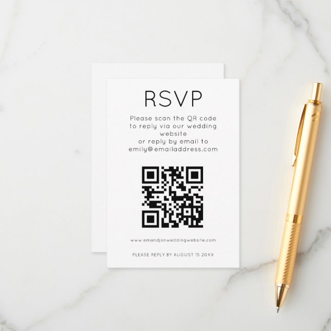 Simple QR Code Black White Wedding RSVP Enclosure  Card (Front/Back In Situ)