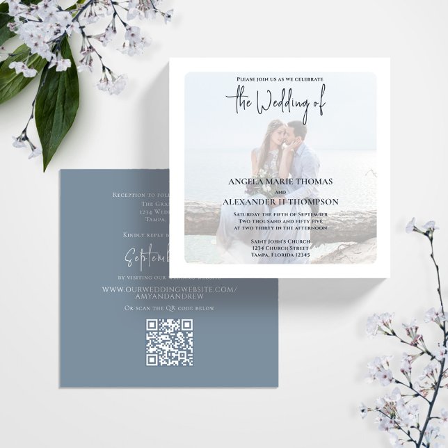 Simple QR Code Photo Elegant RSVP Online Grey Invitation (Elegant photo Dusty blue wedding invitation with a scannable QR code.)