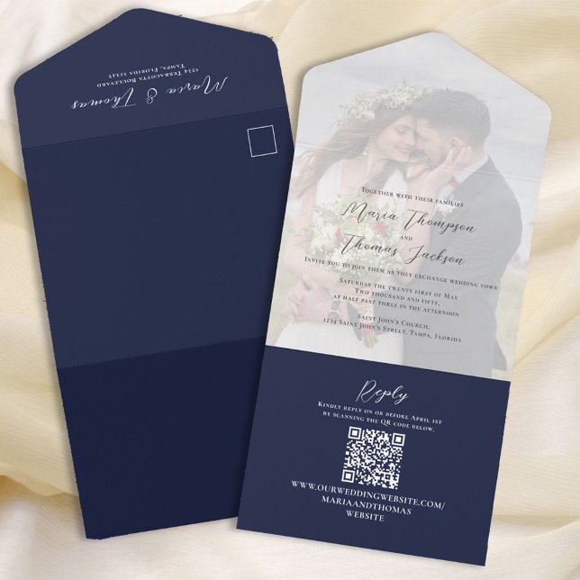 Simple QR Code Photo Navy Blue RSVP Online  All In One Invitation (Simple Navy blue wedding invitation with vellum photo overlay effect all in one style. )