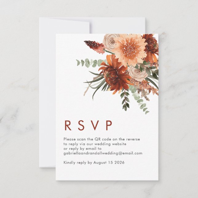 Simple QR Code Rust Terracotta Floral Wedding RSVP Card (Front)