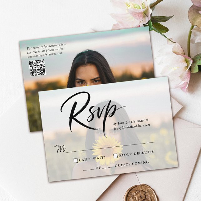 Simple Quinceanera Photo QR Code And Modern Script RSVP Card (Creator Uploaded)