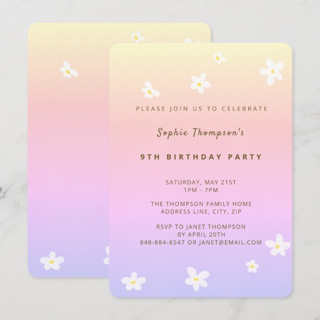 Simple Rainbow Trendy Daisies Girl Birthday Party Invitation (Front/Back)