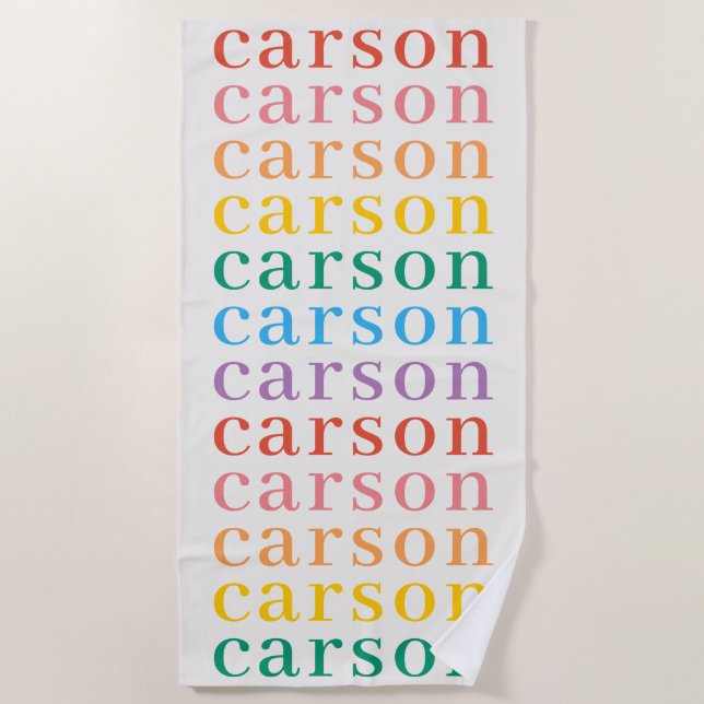 Simple Rainbow Type Personalised Repeating Name Beach Towel (Front)