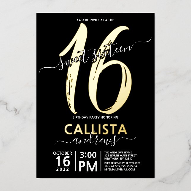 Simple Real Gold Black Sweet 16 Birthday (Front)