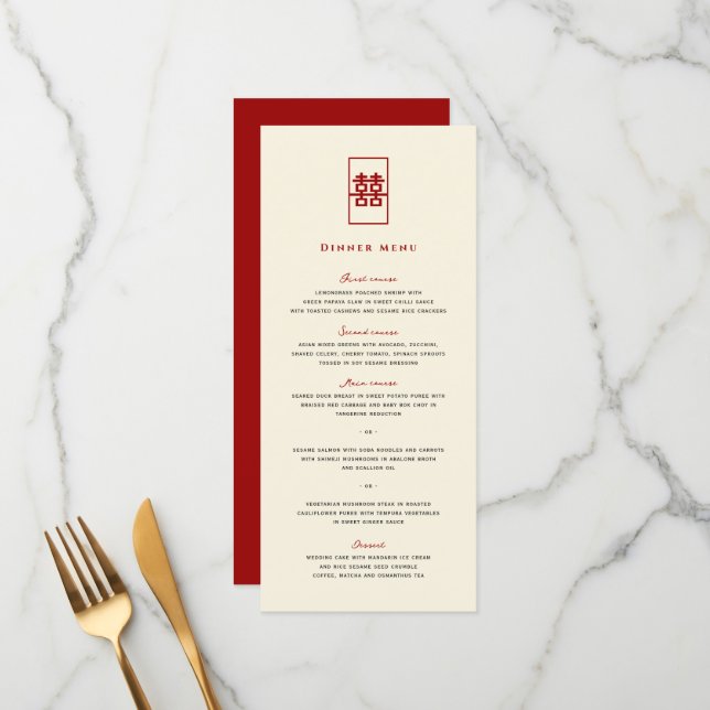 Simple Rectangle Double Happiness Chinese Wedding Menu (Front/Back In Situ)
