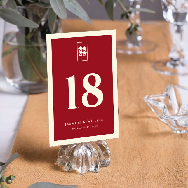 Simple Rectangle Double Happiness Chinese Wedding Table Number (Creator Uploaded)