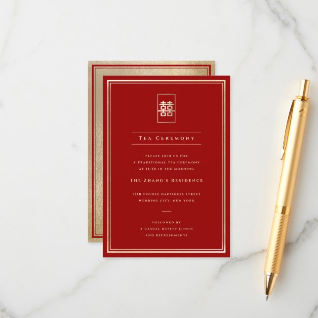 Simple Rectangle Double Happiness Tea Ceremony Enclosure Card (Front/Back In Situ)