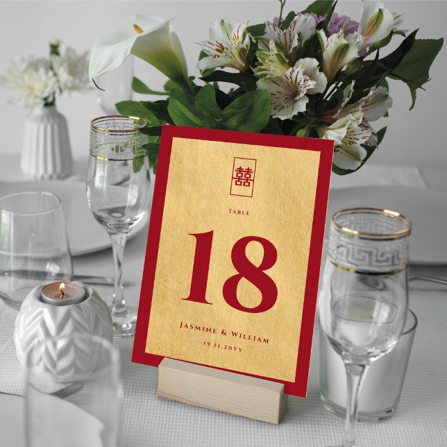 Simple Rectangle Double Xi Golden Chinese Wedding Table Number (Creator Uploaded)
