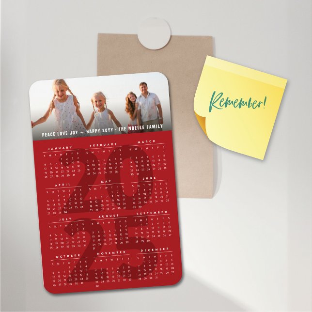 Simple Red 2025 Calendar Minimalist Holiday Photo Magnet (Modern Red 2025 Calendar Simple Holiday Photo Flexible Magnet @ fat_fa_tin)