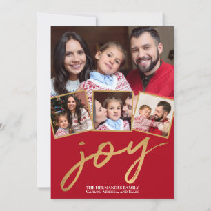 Simple Red and Gold Joy Photo Script Holiday Card