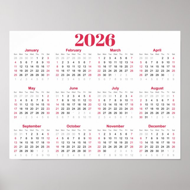 Simple red and White 2026 Calendar Poster (Front)