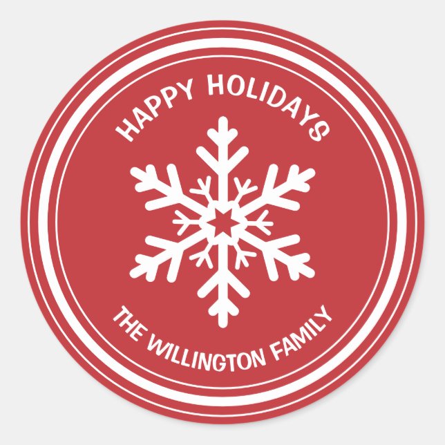 Simple Red and White Happy Holidays Snowflake Classic Round Sticker (Front)