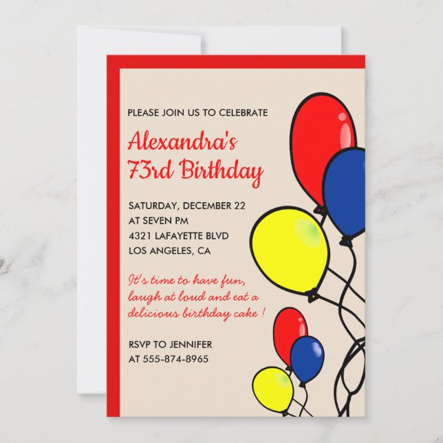 Simple Red Balloons 73rd birthday invitations  (Front)
