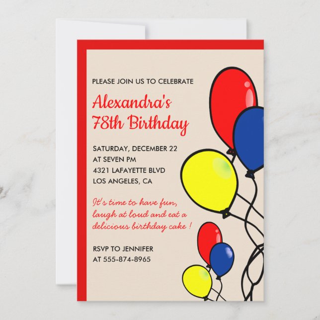 Simple Red Balloons 78th birthday invitations  (Front)