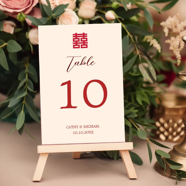 Simple red beige Chinese wedding Table Number (Creator Uploaded)