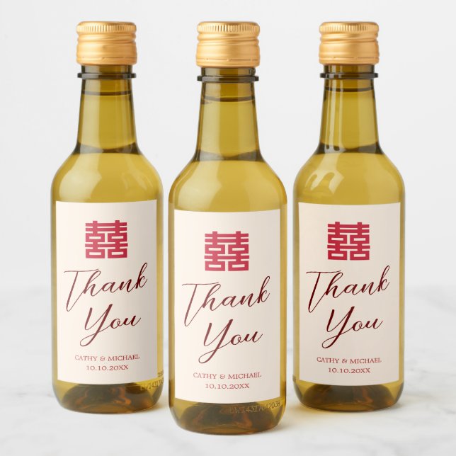 Simple red beige modern Chinese wedding Thank You Wine Label (Bottles)