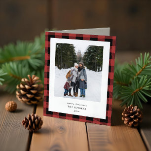 Simple Red Black Plaid Border 3 Photos Christmas Holiday Card