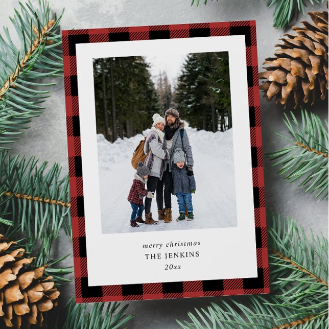 Simple Red Black Plaid Border Two Photos Christmas Holiday Card (Creator Uploaded)