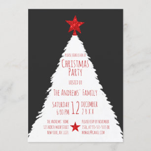 Simple Red Black White Glitter Star Tree Christmas Invitation