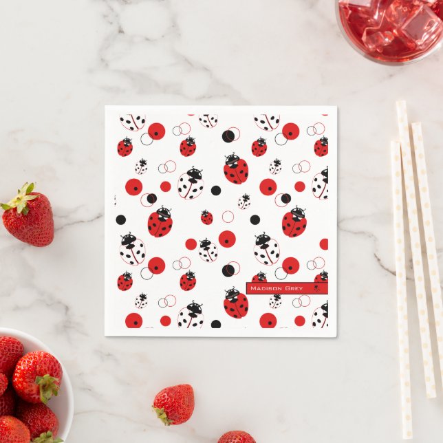 Simple Red, Black & White Ladybug Pattern Napkin (Insitu)