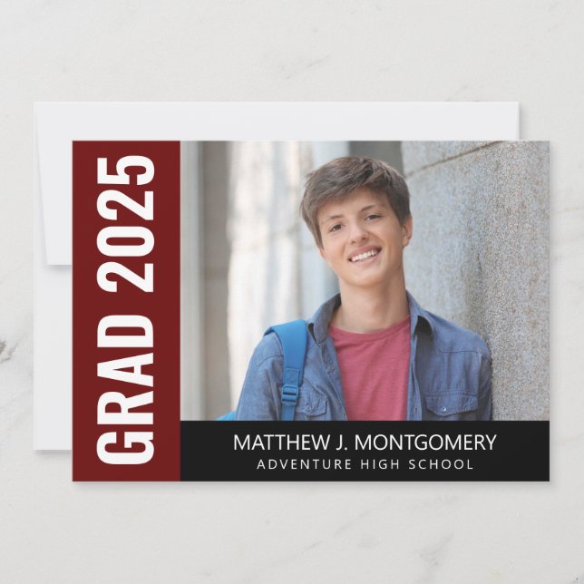 Simple Red Black White Typography Photo Graduation Announcement (Front)