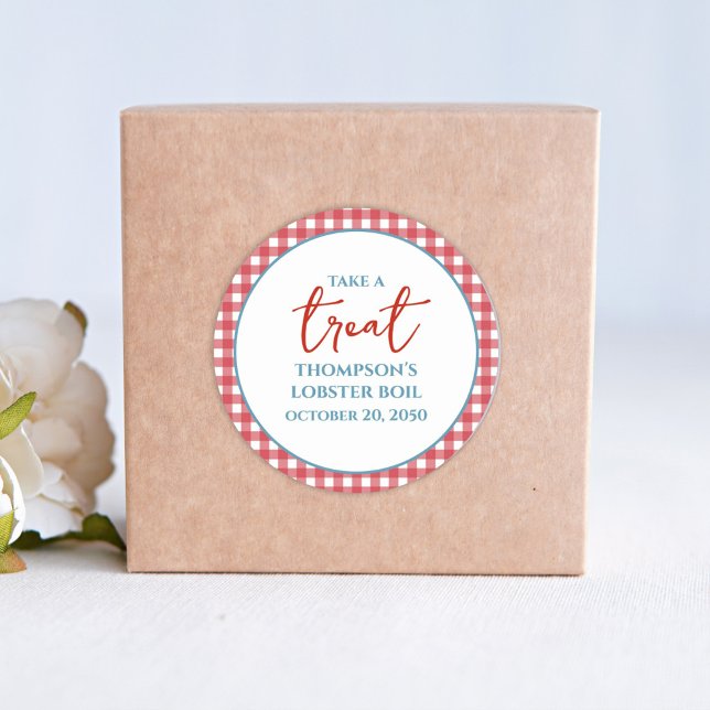 Simple Red Blue Whimsical Red Red Gingham Treat Classic Round Sticker (Creator Uploaded)