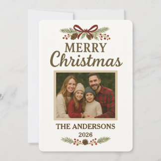 Simple Red Bow Greenery Photo Christmas Card