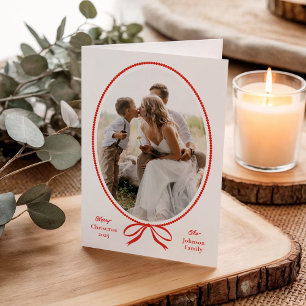 Simple Red Bow Oval Photo Christmas Holiday Card