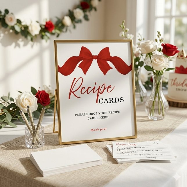 Simple Red Bow Recipe Cards Bridal Shower Sign (Creator Uploaded)