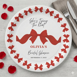 Simple Red Bow She's Tying the Knot Bridal Shower Paper Plate