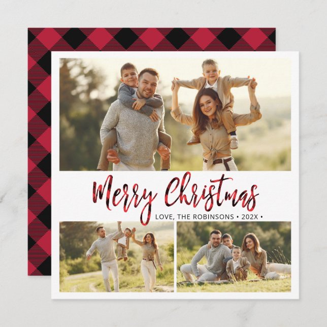 Simple Red Buffalo Plaid 3 Multi Photo Christmas Holiday Card (Front/Back)