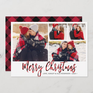 Simple Red Buffalo Plaid 4 Photo Collage Holiday Card