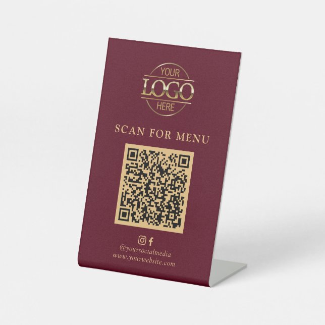 Simple Red Business Logo Contactles QR Code Menu Pedestal Sign (Front)