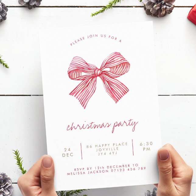 Simple Red Candy Stripe Bow Christmas Party Invitation (Creator Uploaded)