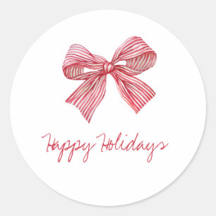 Simple Red Candy Stripe Bow Happy Holidays Classic Round Sticker