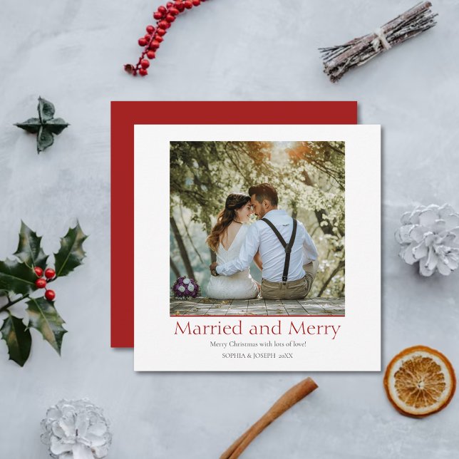 Simple Red Christmas Married and Merry Newlywed Holiday Card (Creator Uploaded)