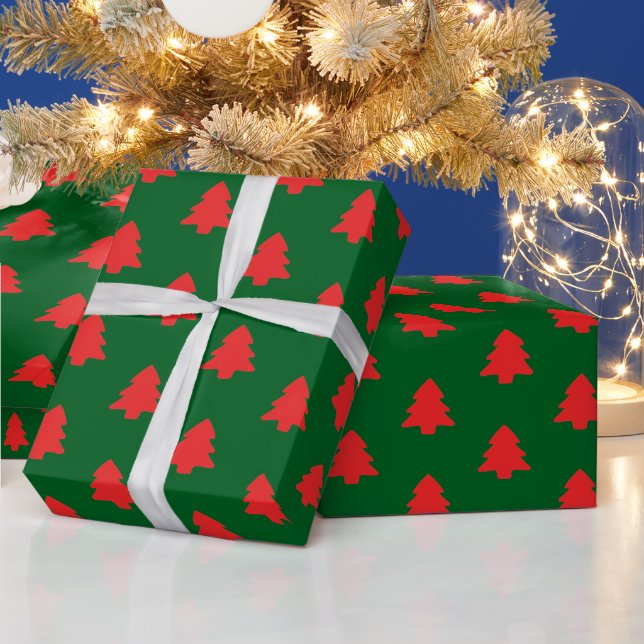 Simple Red Christmas Trees on Dark Green Wrapping Paper (Holidays)