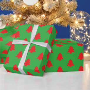Simple Red Christmas Trees on Green Wrapping Paper