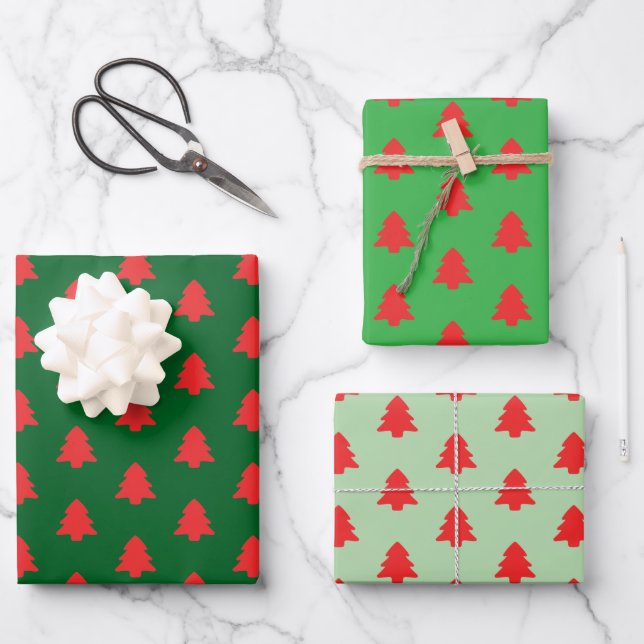 Simple Red Christmas Trees on Green Wrapping Paper Sheet (Front)