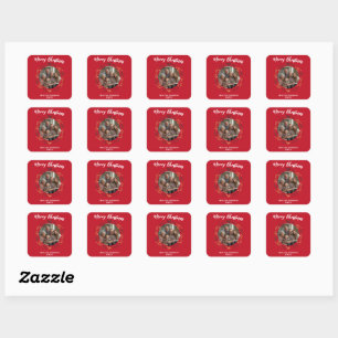 Simple red Christmas Wreath Photo Family name Square Sticker