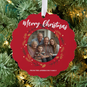 Simple red Christmas Wreath Photo Family name Tree Decoration Card