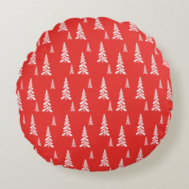 Simple Red christmas Xmas pine tree Snow Pattern Round Cushion (Front)