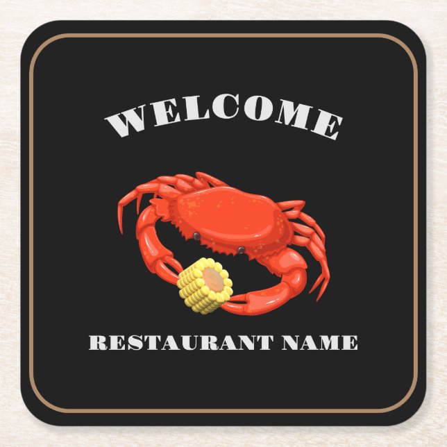 Simple Red crab corn seafood Restaurant logo name Square Paper Coaster (Front)