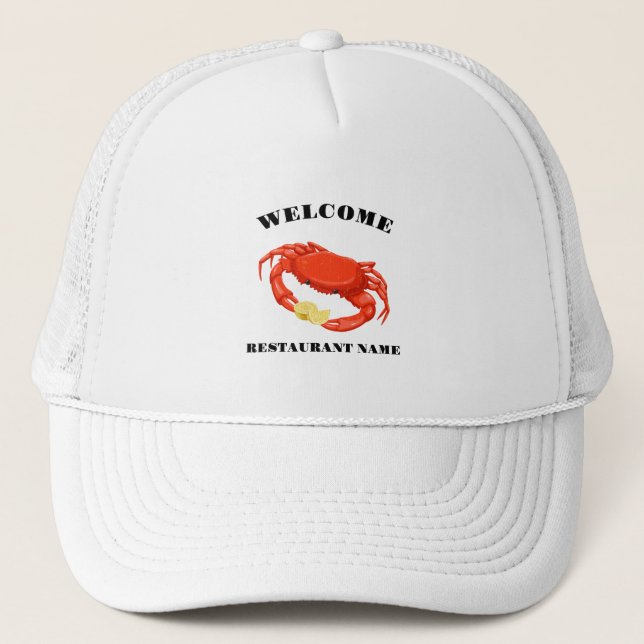 Simple Red crab corn seafood Restaurant logo name Trucker Hat (Front)